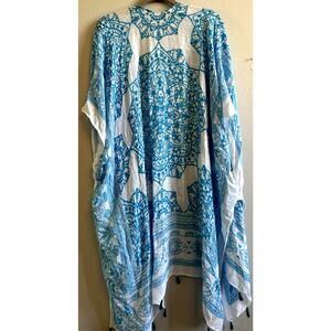 Woven Heart Kimono Cover Up Wrap Blue Floral Beach Summer Boho Fairycore VISCOSE